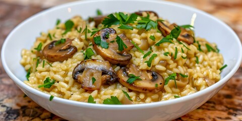 Wall Mural - Delicious Homemade Mushroom Risotto with Parsley in a White Bowl - A Gourmet Delight. Concept Cooking Tips, Gourmet Recipes, Healthy Eating, Culinary Inspiration, Dining Experiences