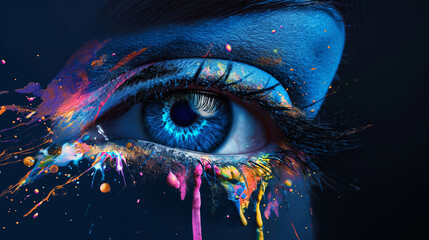 Wall Mural - A colorful eye with a blue iris and lashes. The eye is surrounded by a splash of paint, giving it a vibrant and artistic look