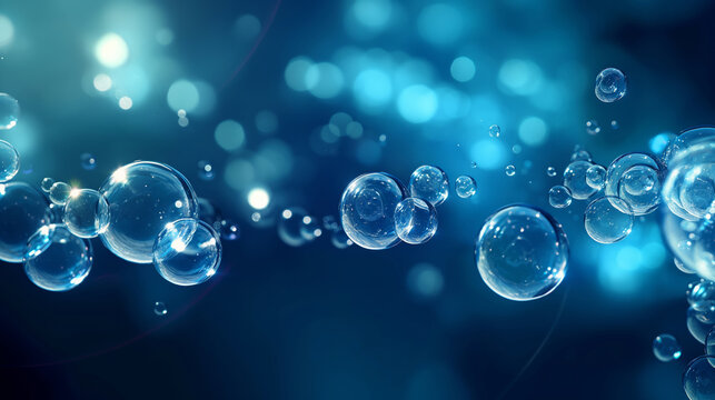 A blue background with many small bubbles floating in the air. The bubbles are clear and shiny, giving the impression of a sparkling, ethereal atmosphere