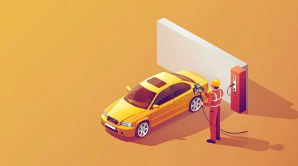 Wall Mural - A man is filling up a yellow car at a gas station