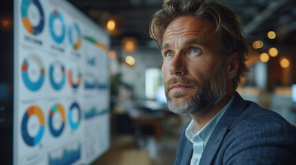 Poster - Businessman Analyzing Data on Large Screen. Businessman analyzing data on a large screen in a modern office, emphasizing data-driven decision making and strategic planning.