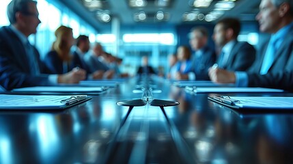 Poster - Corporate Meeting in Modern Boardroom. Corporate meeting in a modern boardroom with participants engaged in discussion, highlighting teamwork and professional collaboration.
