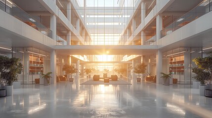 Poster - Sunlit Modern Office Atrium. Spacious modern office atrium with abundant sunlight, glass walls, and green plants, creating a bright and inviting work environment.