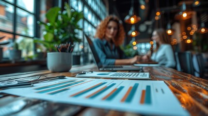 Poster - Teamwork and Data Analysis in Modern Office. Close-up of charts and graphs on a table with businesswomen working on laptops in the background, focusing on teamwork and data analysis.