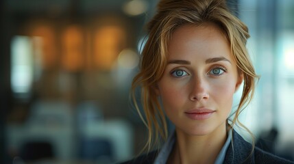 Poster - Confident Businesswoman in Modern Office. Close-up portrait of a confident businesswoman in a modern office, emphasizing professionalism and a strong corporate presence.