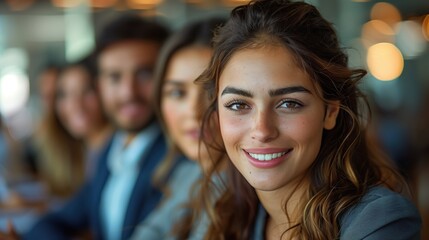 Poster - Young Professional Woman in Office. Young professional woman with long hair smiles confidently in a modern office setting with blurred colleagues behind her.