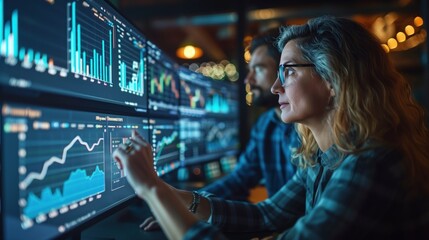 Poster - Business Analyst Working on Multiple Screens. Business analyst in glasses works intensely on multiple screens displaying data and graphs in a modern office environment.