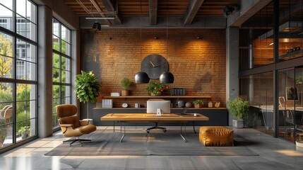 Poster - Modern Executive Office Interior Design. Spacious, modern executive office with large windows, stylish furniture, and green plants creating a productive work environment.