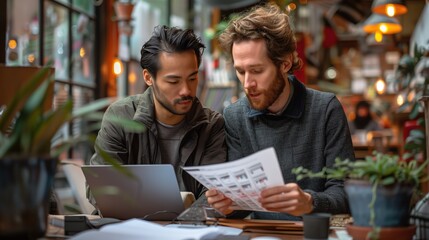 Poster - Two Businessmen Collaborating in a Cafe. Two businessmen collaborate over documents in a cozy cafe setting, discussing plans and working on a laptop.