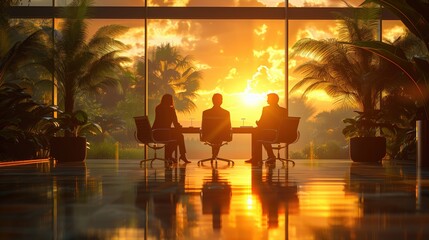 Poster - Business Meeting at Sunset in Modern Office. Three business professionals have a meeting at a table in a modern office, with large windows and a sunset view.
