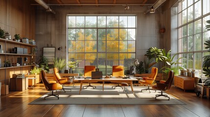 Poster - Stylish Executive Office with Large Windows. Stylish executive office with large windows, orange chairs, and greenery, creating a bright and inviting workspace.