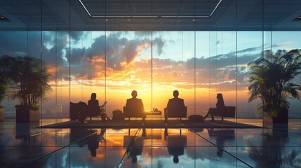 Poster - Business Professionals Waiting in Lobby at Sunset. Business professionals wait in a modern office lobby with large windows, plants, and a stunning sunset view.