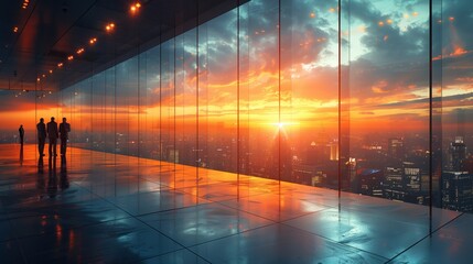 Poster - Business Meeting with City View at Sunset. Business meeting in a modern office with a panoramic city view at sunset, highlighting the collaboration among professionals.