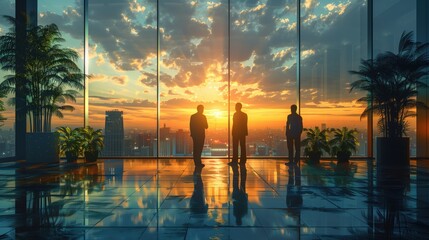Poster - Businessmen Observing Cityscape at Sunset. Three businessmen stand in a modern office, observing the cityscape at sunset through large windows, reflecting on business growth.