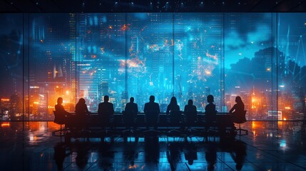 Poster - Corporate Meeting with Futuristic City View. Corporate meeting in a modern office with large windows, offering a futuristic view of a digital cityscape at night.