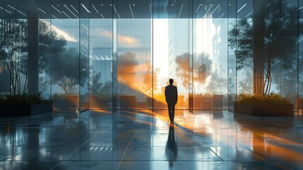 Poster - Businessman in Modern Office Lobby at Sunrise. Businessman stands alone in a modern office lobby, illuminated by the soft light of sunrise, reflecting on the day's goals.
