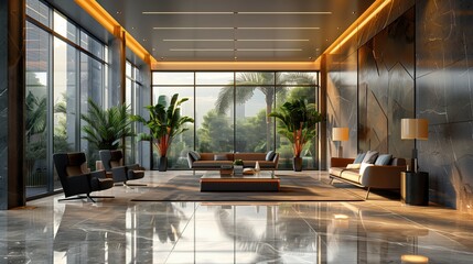 Poster - Elegant Corporate Lobby with Greenery. Elegant corporate lobby with large windows, comfortable seating, and lush greenery, creating a welcoming and professional environment.