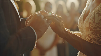 Couple exchanging rings during wedding ceremony