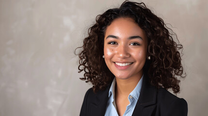 Young woman with curly hair smiling warmly