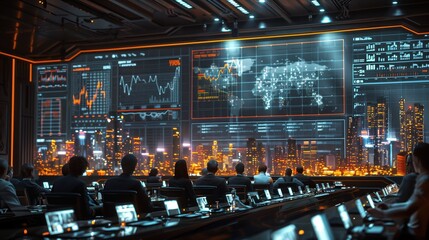 Poster - High-Tech Business Conference with Global Data. Attendees sit in a high-tech conference room, analyzing global data displayed on large screens, representing modern business analytics.