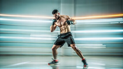 Poster - young muscular sportsman doing boxing exercise in the gym