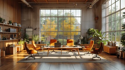 Poster - Stylish Executive Office with Large Windows. Stylish executive office with large windows, orange chairs, and greenery, creating a bright and inviting workspace.
