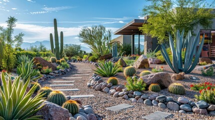 Xeriscaping designs with desert plants in a sustainable landscape