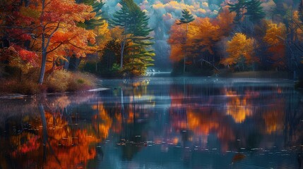 Canvas Print - A serene lake surrounded by autumn trees, with vibrant reflections on the water.