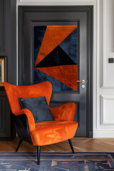 Wall Mural - Orange chair, art on wood, in a rectangle on hardwood flooring