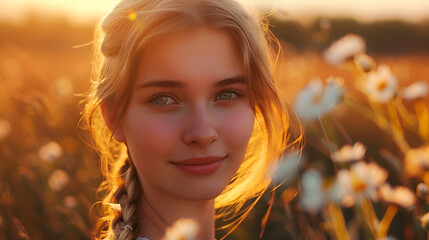 Wall Mural - beautiful Russian girl with blonde hair braided, close-up photo, field with daisies in the background