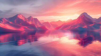 A serene lake reflects vibrant, futuristic pink and purple hills under a softly glowing sky, creating a surreal and tranquil landscape at sunset