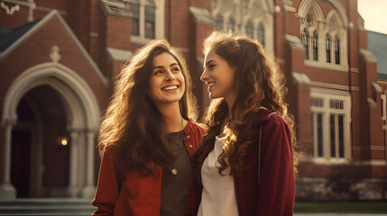 two young women standing in front of a college building