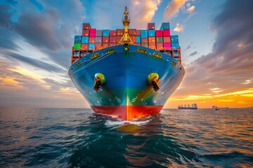 Large Container Ship Sailing at Sunset on the Ocean