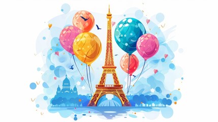 Wall Mural - A cartoon drawing of a bunch of hot air balloons flying over the Eiffel Tower