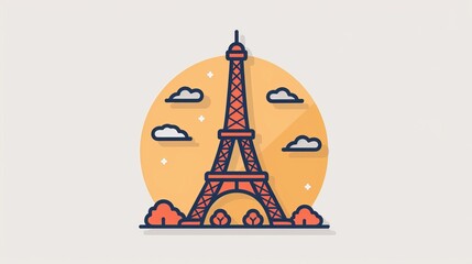 Wall Mural - A cartoon drawing of the Eiffel Tower with clouds in the background