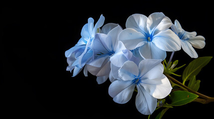 Poster - White plumbago or Cape leadwort flowers Close up small blue flowers bouquet isolated on black background : Generative AI