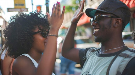 Wall Mural - Candid photograph of a young black lady giving high-fives to a black man