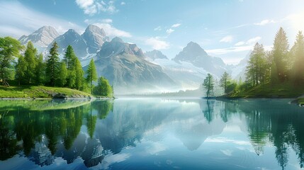 Canvas Print - A tranquil alpine lake with a perfect reflection of the surrounding peaks and trees.