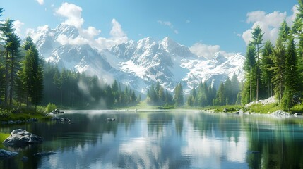 Sticker - A tranquil alpine lake surrounded by evergreen trees and snow-capped peaks, with a clear, bright sky.
