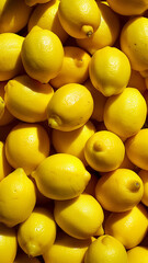 Wall Mural - A vibrant, close-up image of fresh, ripe lemons with one cut lemon slice revealing juicy interior