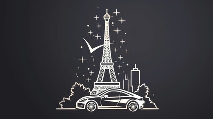 Wall Mural - A car is drawn with the Eiffel Tower in the background