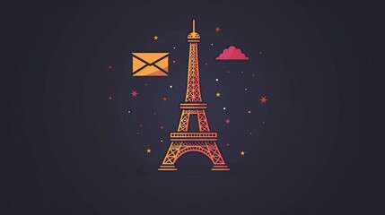 Wall Mural - A cartoonish drawing of the Eiffel Tower with a red and white flag on top