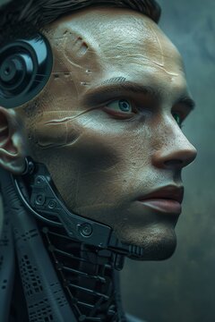 portrait of a cyberman with implants on his face and body in the form of chipping with modern human robotic technologies.