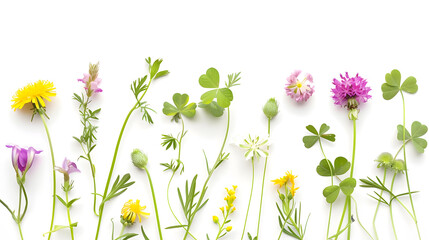 Poster - Meadow wild flower creative layout Daisy dandelion violet viola buttercup clover flowers grass isolated on white background Design element Springtime and summer nature Flat lay top vie : Generative AI