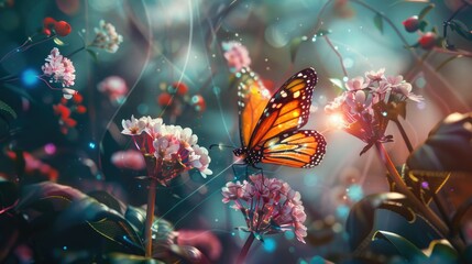 Wall Mural - Portrait of a digital butterfly flying amidst holographic flowers in a futuristic garden AI generated