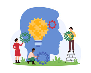 Wall Mural - Innovation business solution, brainstorm progress on creative idea, insight. Tiny people holding gears at silhouette of entrepreneurs head with puzzle light bulb inside cartoon vector illustration