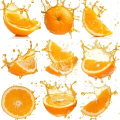 orange splash collection, fresh orange slices with juice splash, suitable for food and drink concept