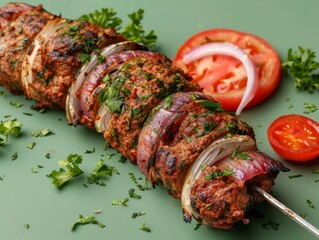 Fresh Kebab on Green Background for Foodie Ads Generative AI