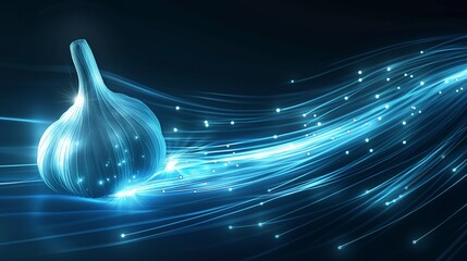 Wall Mural - A glowing garlic bulb is surrounded by dynamic, flowing blue light trails on a dark background.