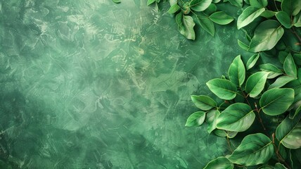 Wall Mural - Green leaves on textured, abstract background with grunge aesthetic